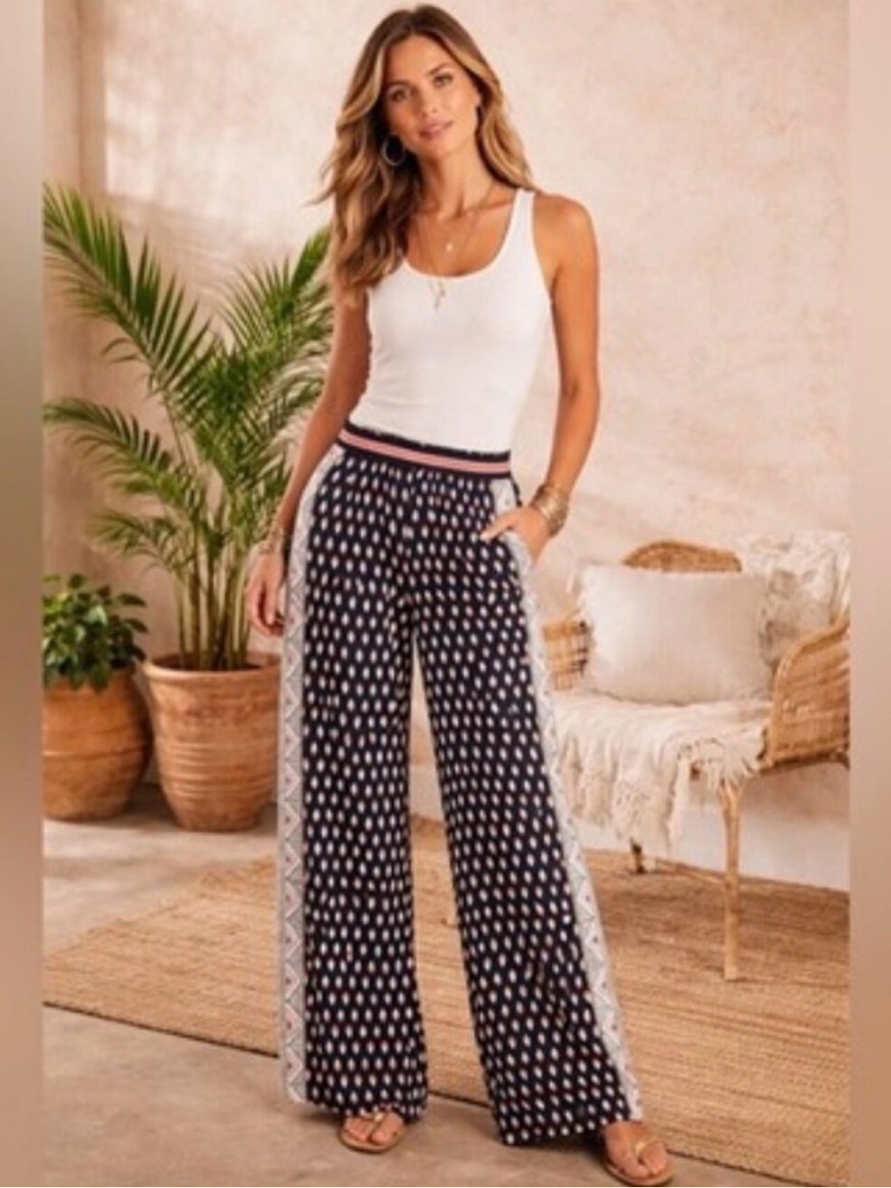 Maeve Rooibos Wide Leg Pants Geo Print Elastic Waist High Rise Black/Pink‎ L